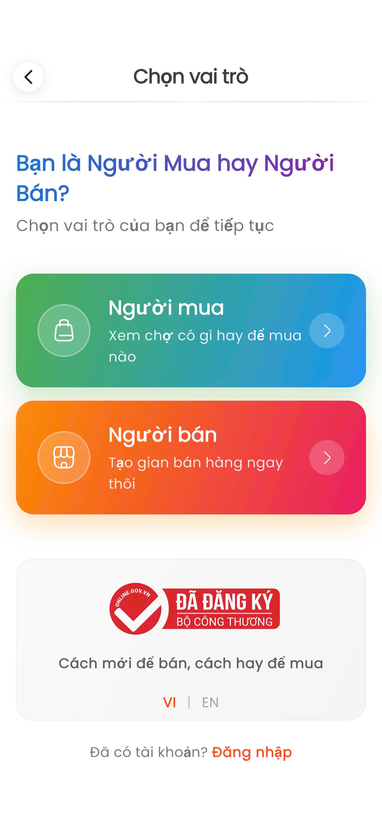 Màn hình chọn vai trò Cymart