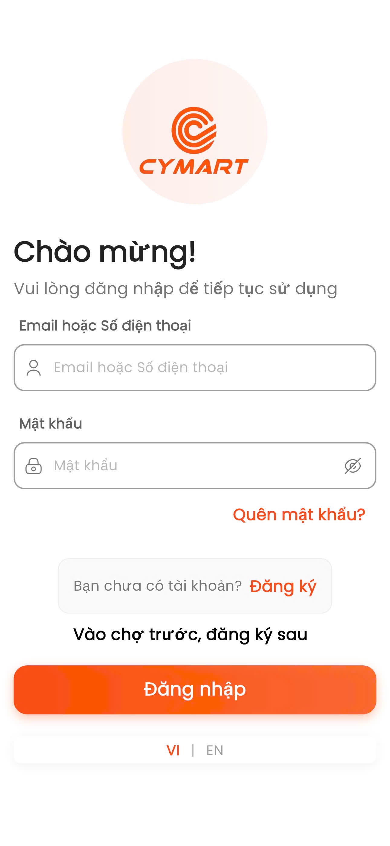 Màn hình đăng nhập Cymart